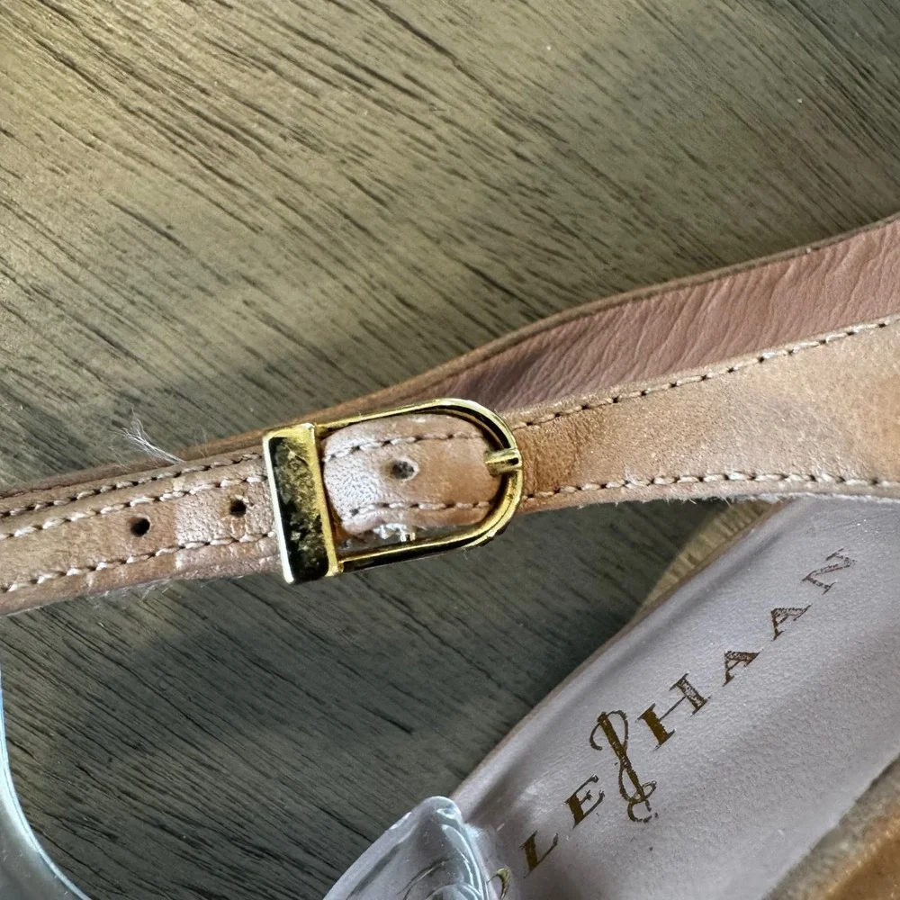 Cole Haan Women 10 B Beige Leather Slingback Peep Toe Kitten Heel Comfort Career